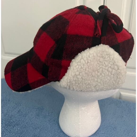 Woodland Creek Men's Trapper Hat Flannel Red/Black Buffalo Plaid Fleece Lined - Picture 2 of 9